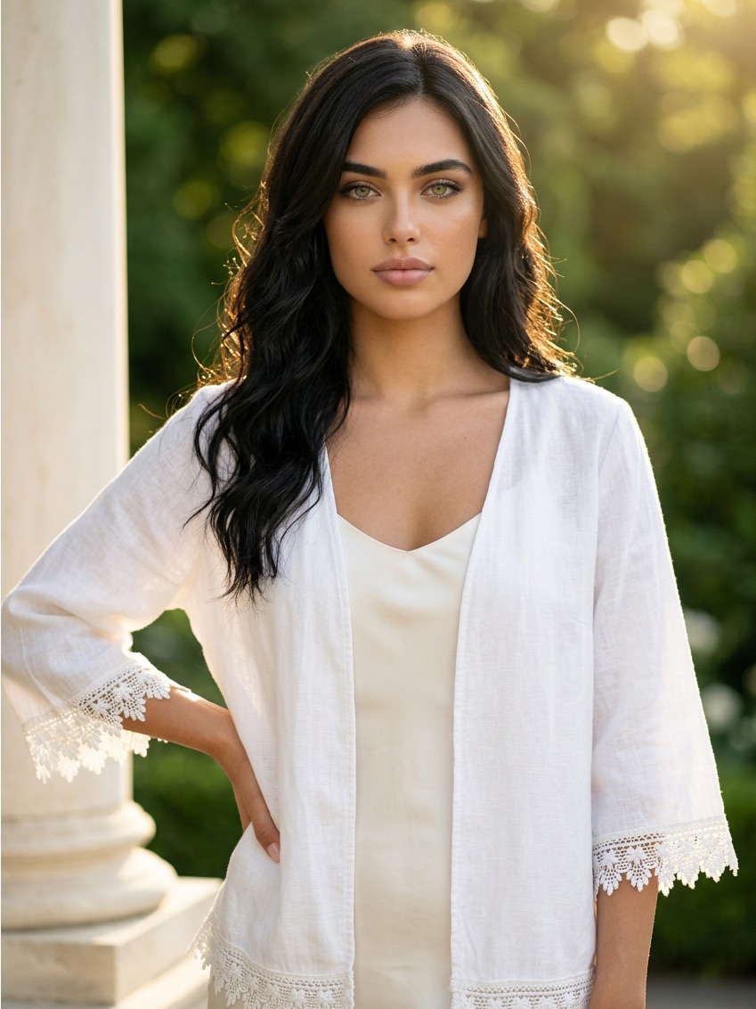 Alessia Pacini White 100% Linen Blazer Duster Crochet Lace Summer Size L